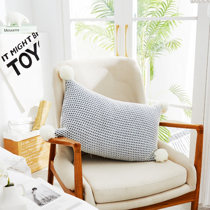 Picture of TASSEL HAND-KNITTED RECTANGULAR CUSHION WITH INNER (35CMX55CM)  - WHITE-BLUE